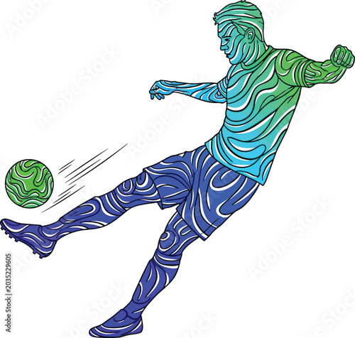 Stylized artistic illustration of a soccer player kicking a ball