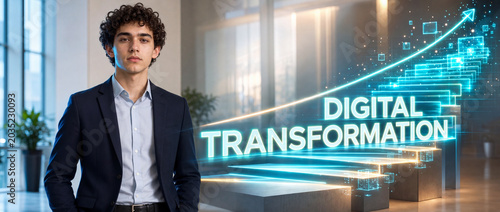 Digital transformation concept with person and a glowing holographic rising arrow with lettering in a bright office