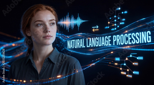 Natural language processing concept with person and a glowing holographic speech wave and language nodes with lettering