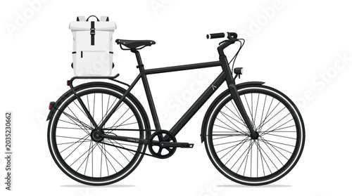 Minimalist black city bicycle vector illustration featuring a white roll-top backpack on the rear carrier rack, urban commuter bike design with fenders and headlight on white.