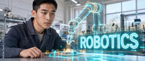 Robotics concept with person and a glowing holographic robotic arm with lettering in a bright workshop
