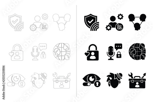 Privacy and Digital Security Silhouette Icon Set – Cyber Protection, Secure Communication and Data Safety Vector Collection