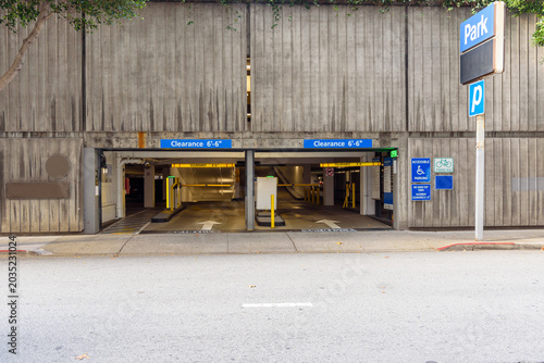 Entrance of a multi-storey car park in a downtown district