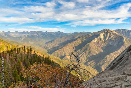 Majestic view of Sierra Nevada mountain in California under blue sky with clouds at sunset in autumn