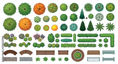 Trees Shrubs And Garden Elements Vector Illustration On White Background