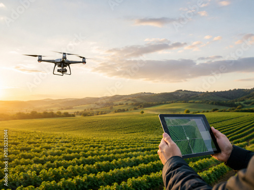Precision agriculture with drone and tablet over crop fields at sunset