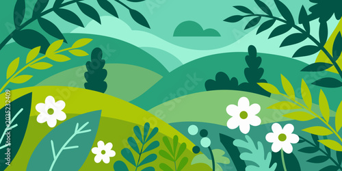 Bild auf Leinwand Rolling hills and floral ornament in a green vector illustration