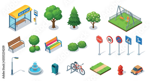 Isometric City Park Elements Collection Vector Illustration