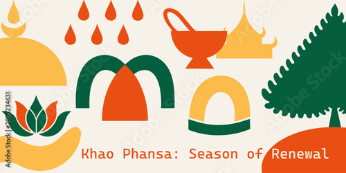 Bild auf Leinwand Khao Phansa flat vector illustration with candle procession, lotus, monk bowl fo
