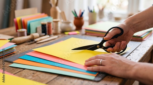 Creative paper crafting action at home colorful materials diy project environment close-up viewpoint