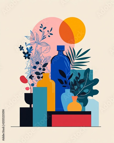 Colorful modern still life of vases and botanical leaves with geometric shapes and overlapping sun circles