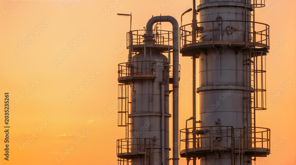 Naklejka premium Oil refinery distillation towers against orange sunset sky. Industrial processing plant equipment at golden hour.