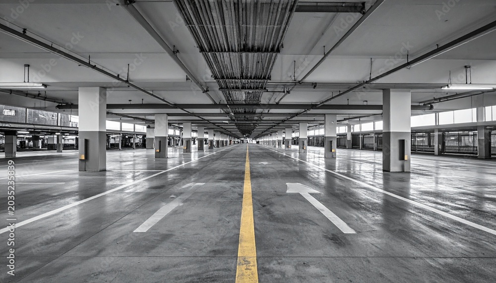 Fototapeta premium Empty Parking Garage with Yellow Line.