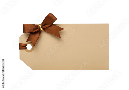 Blank gift tag with brown ribbon bow isolated on transparent background