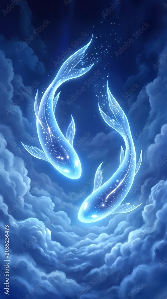 Obraz premium Bioluminescent koi fish swimming through night sky clouds. Pisces zodic sign concept with glowing aquatic creatures in starry atmosphere.