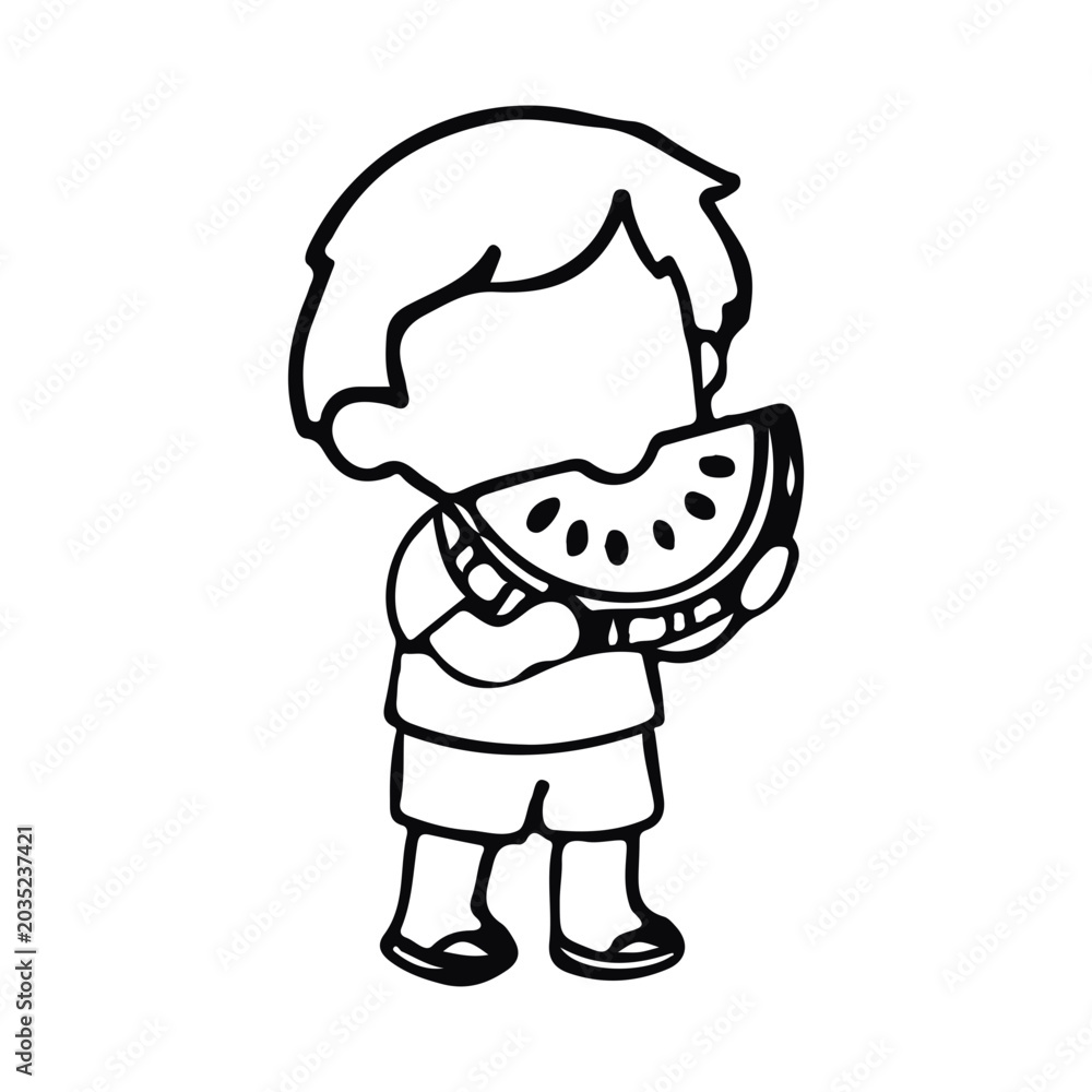 Fototapeta premium Cute boy eating a fresh slice of watermelon doodle illustration