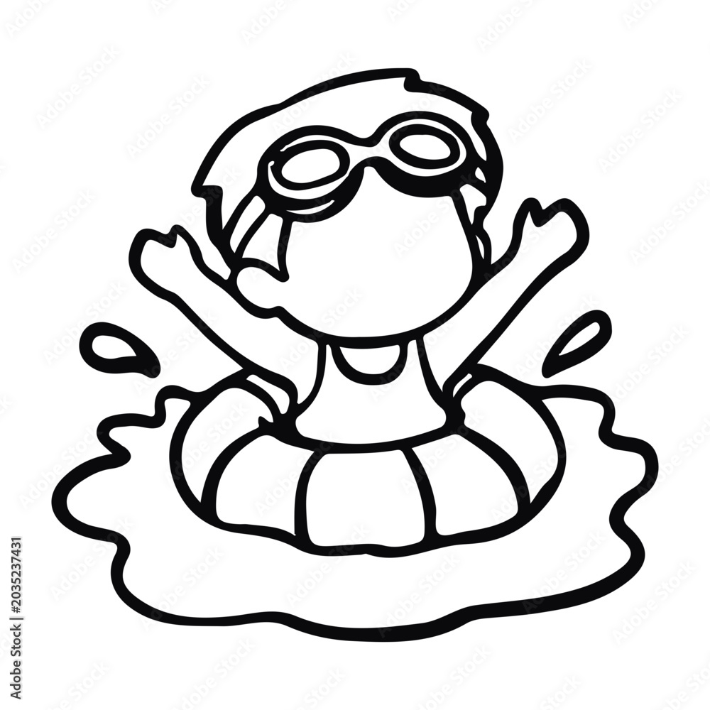 Fototapeta premium Cute kid swimming with inflatable ring tube doodle illustration