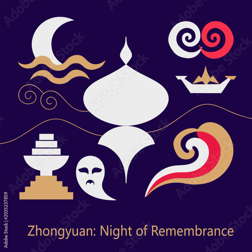 Photos Flat vector Ghost Festival illustration: paper effigy boat, incense smoke, vermi