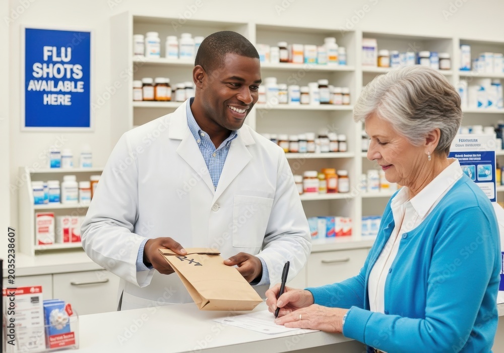Fototapeta premium Smiling Male Pharmacist Handing Prescription Bag to Senior Female Customer in Modern Pharmacy Drugstore