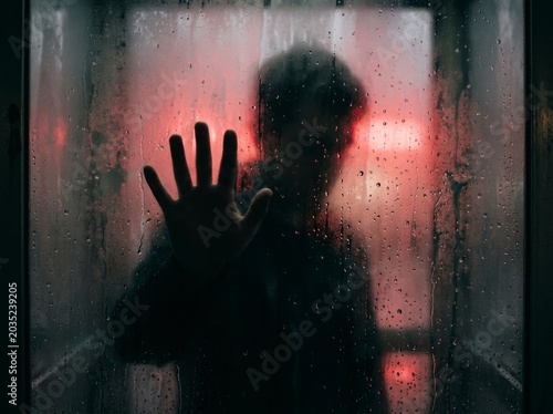 Silhouette of a hand on foggy glass, red neon lights.