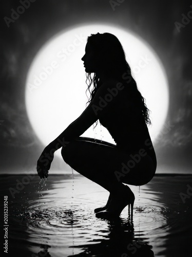 Silhouette of a woman crouching in shallow water, full moon.