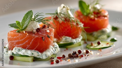 gourmet plate with horseradish sauce and smoked salmon, elegant food styling, premium culinary presentation