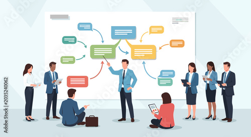 Foto A business trainer is presenting a mind map on a large whiteboard to a group of attentive employees in a modern office setting
