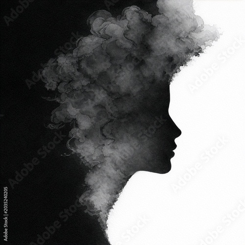 Curly Woman Silhouette, Abstract Fluid Art, Alcohol Ink Style, Minimal Monochrome Portrait, Duality, Black and White, Smoke like Pattern, Contrast