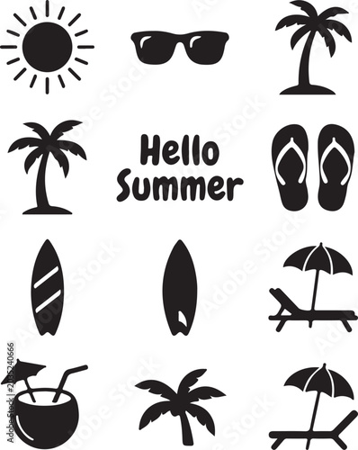 Summer icons featuring sun sunglasses palm trees beach gear palm tree flip flops lounge chair