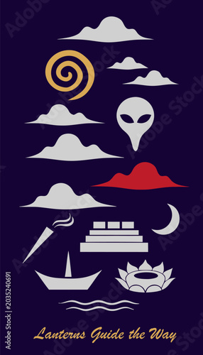 Tableau sur toile Bold flat vector Hungry Ghost set: water lanterns, incense, paper effigy for Eas