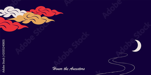 Tableau sur toile Ghost Festival spiritual vector with water lanterns, incense smoke, moon for Bud