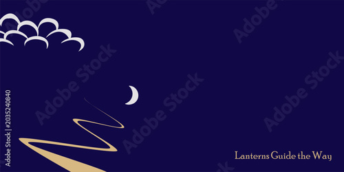 Foto Flat Hungry Ghost illustration: paper boat, lotus lantern, vermilion accents for