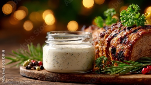 glass jar of creamy horseradish sauce beside roasted meat dish