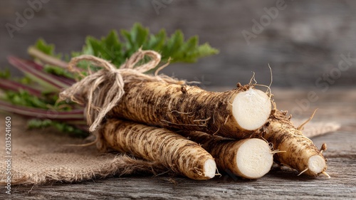 horseradish roots and green leaves freshly harvested from garden