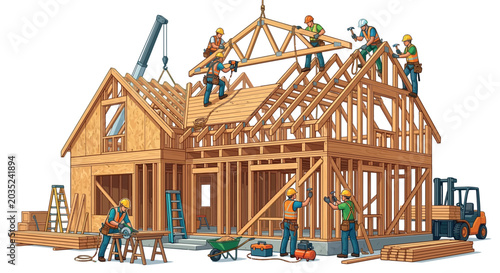 Fényképezés House Framing Under Construction With Workers Vector Illustration