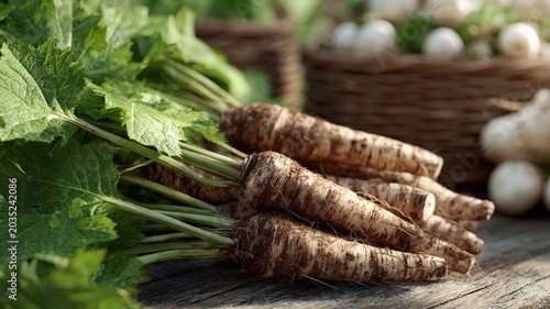 horseradish roots and green leaves freshly harvested from garden
