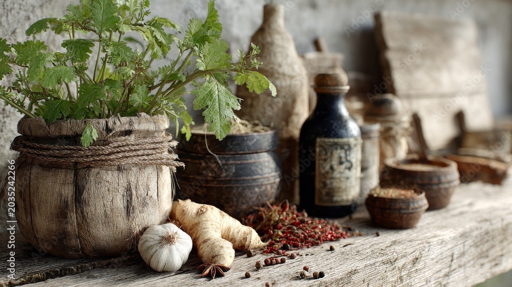 Fototapeta premium rustic kitchen setup with fresh horseradish and spices, traditional cooking atmosphere
