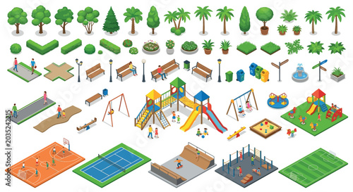 Foto Isometric park elements collection vector illustration with white background