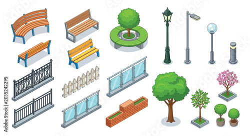 Isometric Park Elements Collection Vector Illustration With Green And Wooden Tones