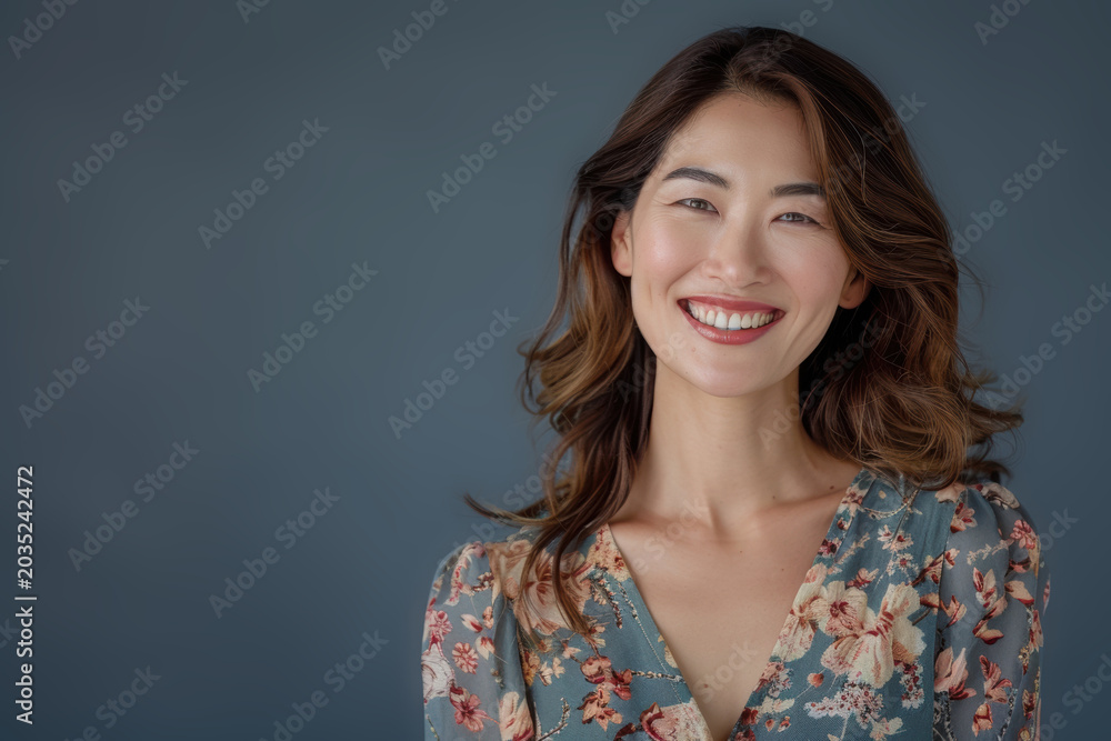 Fototapeta premium Asian woman in a floral or patterned dress smiles against a neutral studio background, elegance and corporate confidence.