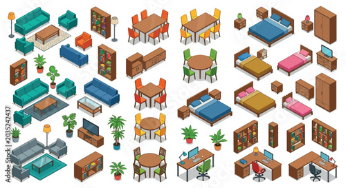 Isometric Furniture Set On White Background Interior Design Elements