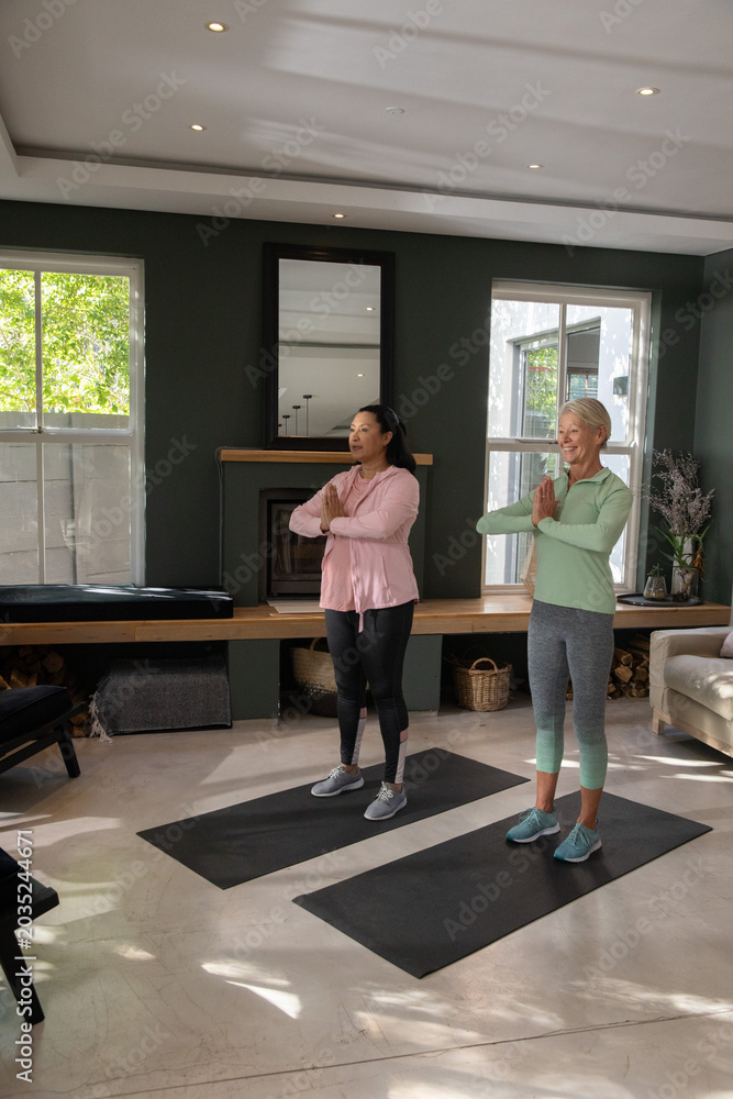 Fototapeta premium Senior women in sportswear practicing yoga with hands in prayer on black mats in living room