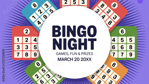 Bingo Night Poster: A vibrant graphic poster announces Bingo Night with text highlighting Games, Fun & Prizes and a date. Surrounding the central circle are colorful bingo cards with numbers.