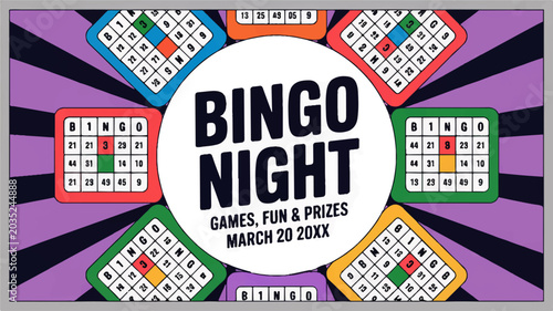 Bingo Night Extravaganza: A vibrant illustration announces Bingo Night: Games, Fun & Prizes, featuring a circle of colorful, illustrated bingo cards arranged around a central announcement.