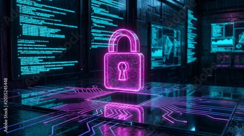 Cyberpunk padlock symbolizing digital security and data protection with glowing neon circuits