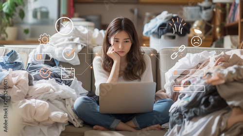 Stressed asian woman using laptop on messy sofa surrounded by clothes piles with procrastination infographic icons clock gear calendar battery broken link and sad face