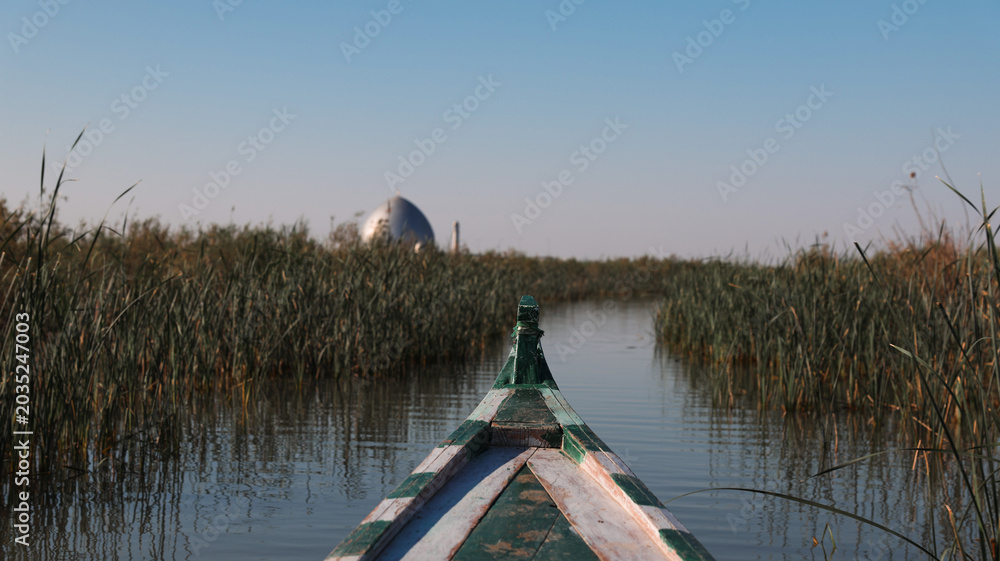 Obraz premium Exploring the tranquil marshes of Iraq from a boat on a clear day