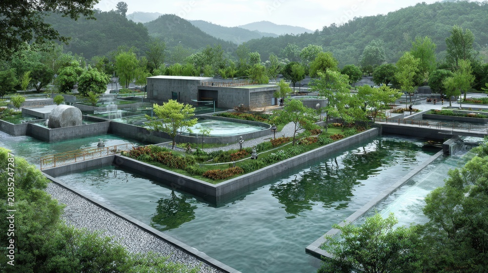 Fototapeta premium Tranquil Landscape Featuring Serene Water Bodies and Lush Greenery Surrounded by Mountains with Modern Architecture Enhancing Natural Beauty