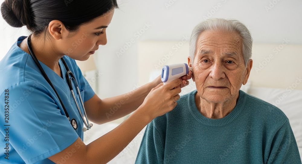 Fototapeta premium Caring caregiver using digital ear thermometer to check elderly man's temperature, providing home healthcare and medical attention