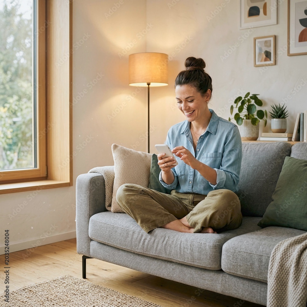 Obraz premium Woman smiling while using smartphone on cozy gray sofa in warmly lit living room